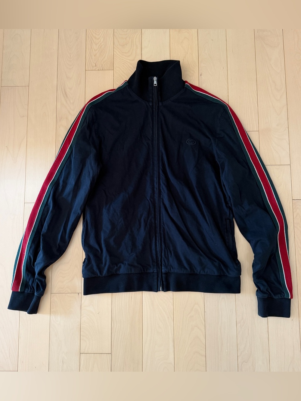 Men's Vintage Gucci Black Track Jacket with Red Sleeve Stripe